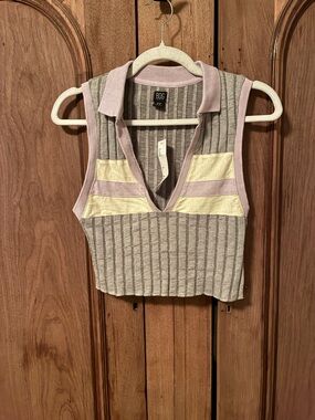 BDG Cropped Ribbed Polo Tank in Gray with Purple and Cream Stripes